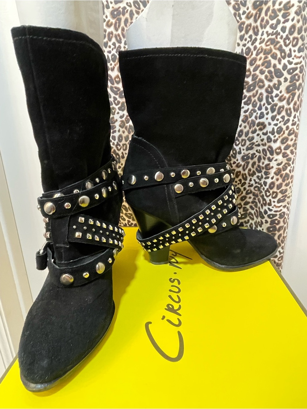 BCBG Generation Black Suede Pony Boots, 3 Straps Studded Buckled Boots, CUTE!